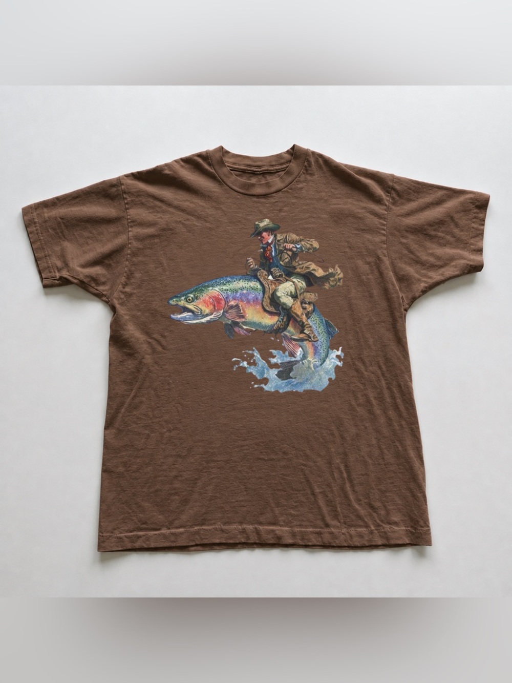 Brown Savana Short-Sleeve Graphic Tee with Colorful Fish Rider
